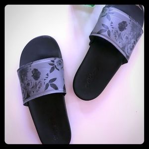 Adidas grey floral slides
